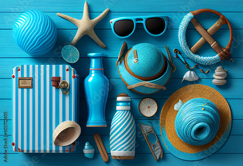 Summer vacation items on blue wooden background. Top view with copy space generative ai