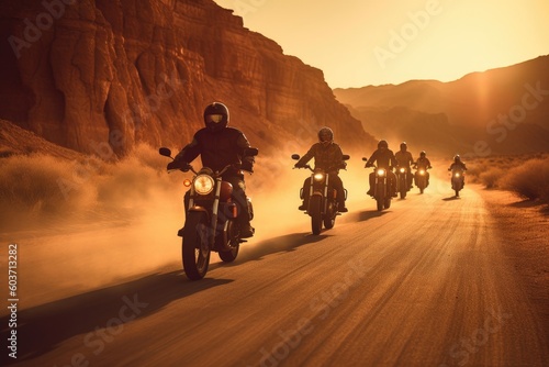Illustration of cruiser motorcycles and bikers on the road - Created with generative ai