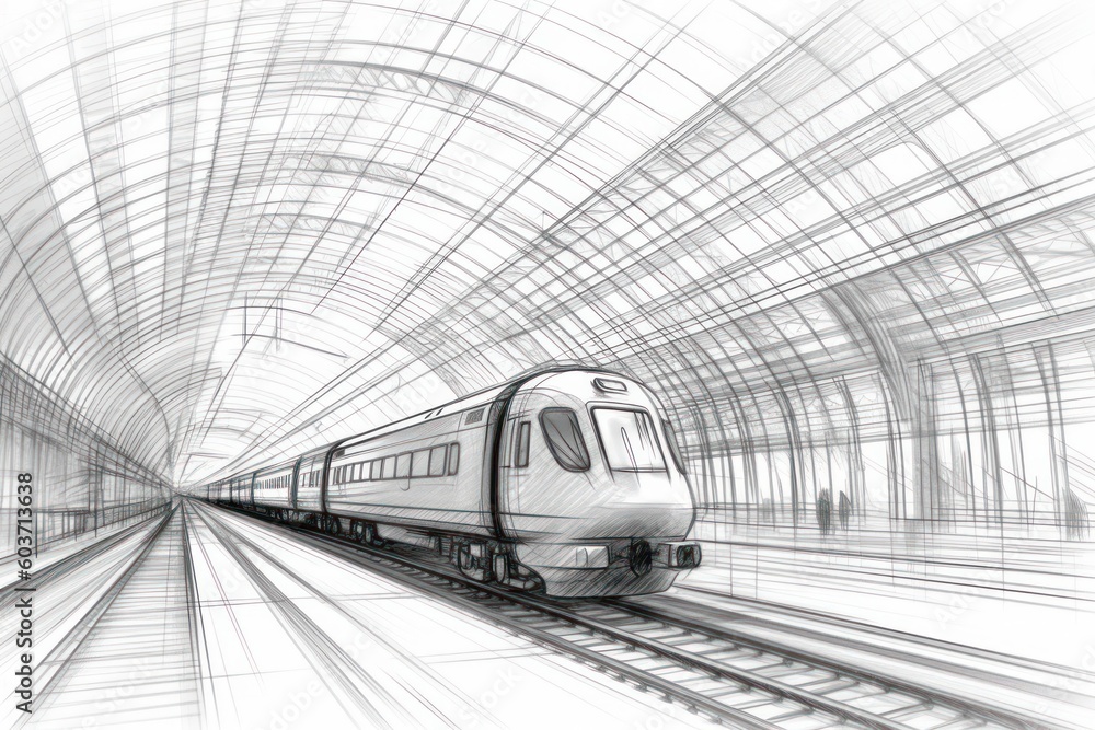 black and white hand drawn illustration High-speed train arriving at railway station