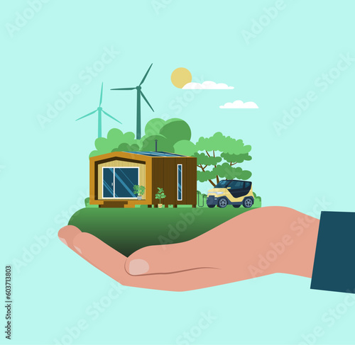 A hand holds a modular house with an electric car in the palm against the background of trees and wind turbines. Vector illustration.