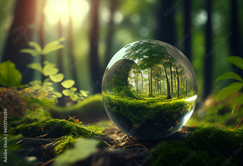 Crystal ball in green forest with ferns. 3D rendering generative ai Crystal ball in green forest with ferns. 3D rendering generative ai