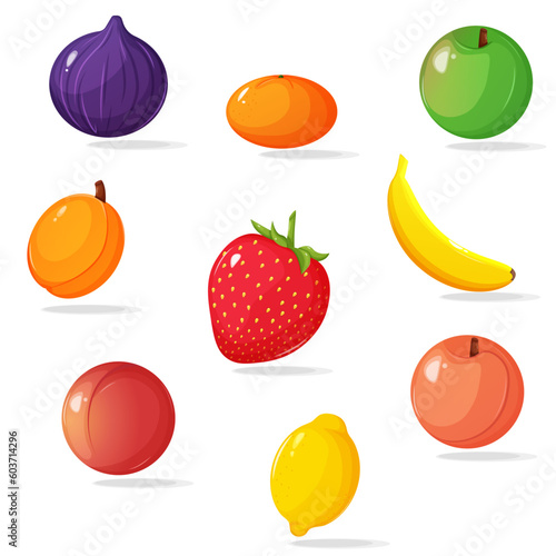 Fototapeta Naklejka Na Ścianę i Meble -  Seasonal fruits. Summer fruits and berries. Strawberry, fig, banana, tangerine, apple, apricot, peach, nectarine, lemon design. Design of fruits and berries on a white background