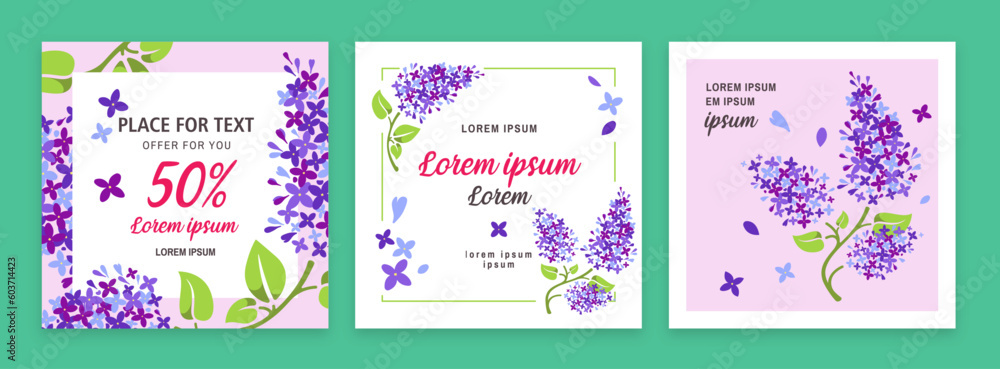 Postcards with lilac branches in vector. Lilac flowers background set. Beautiful postcards. Beautiful banners. 