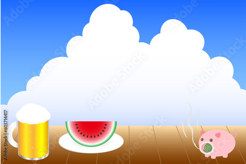 Beer, watermelon and mosquito coils are placed on the wooden porch. Outside there are blue sky and summer clouds.