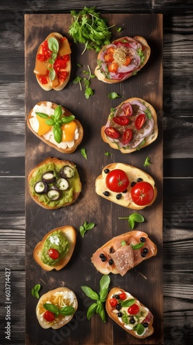 set of colorful bruschettas on black background, flat lay, italian gourmet starters.