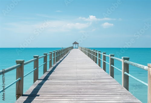 Ocean view with turquoise and blue water along the pier. An Exquisite Panoramic Vista of Turquoise and Sapphire Waters, Where the Serenity of the Ocean Meets the Sturdy Pier, Marking Humanity's Inter © HIROKI