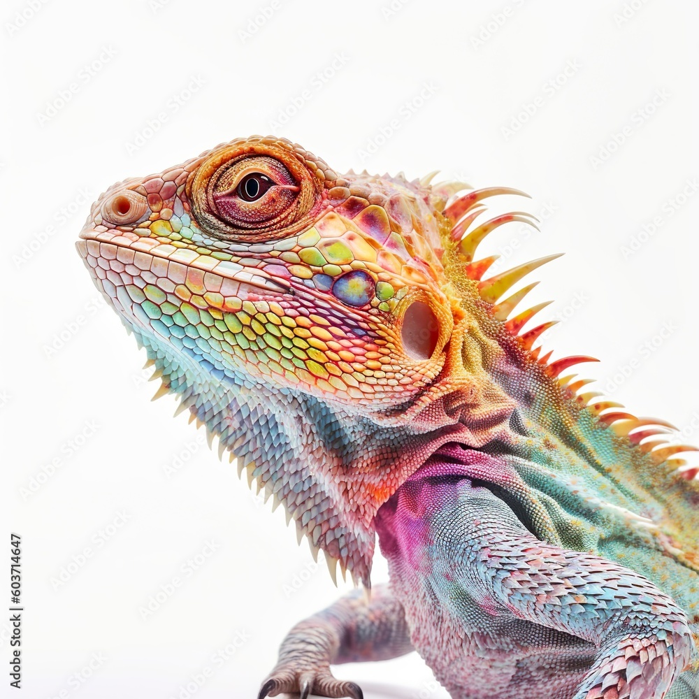 Fototapeta premium Generative AI psychedelic colourful bearded dragon lizard, white background