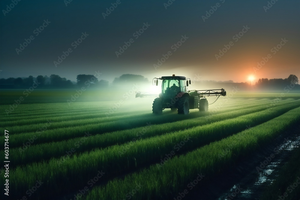 Fototapeta premium Dawn of a New Day: Farmer Tending to a Field with His Tractor in the Early Morning, Generative AI