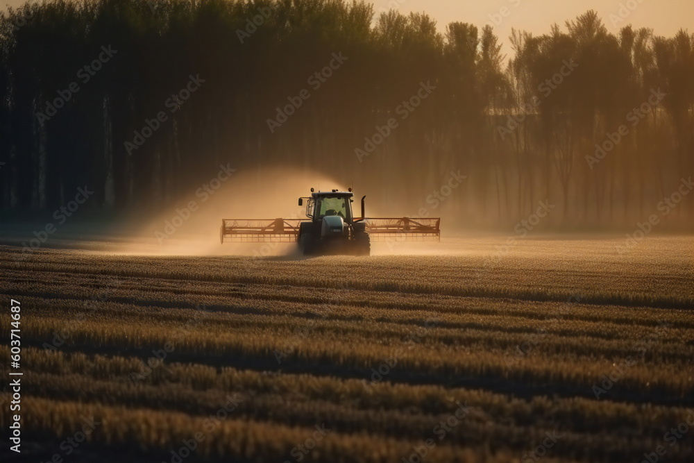 Fototapeta premium Dawn of a New Day: Farmer Tending to a Field with His Tractor in the Early Morning, Generative AI