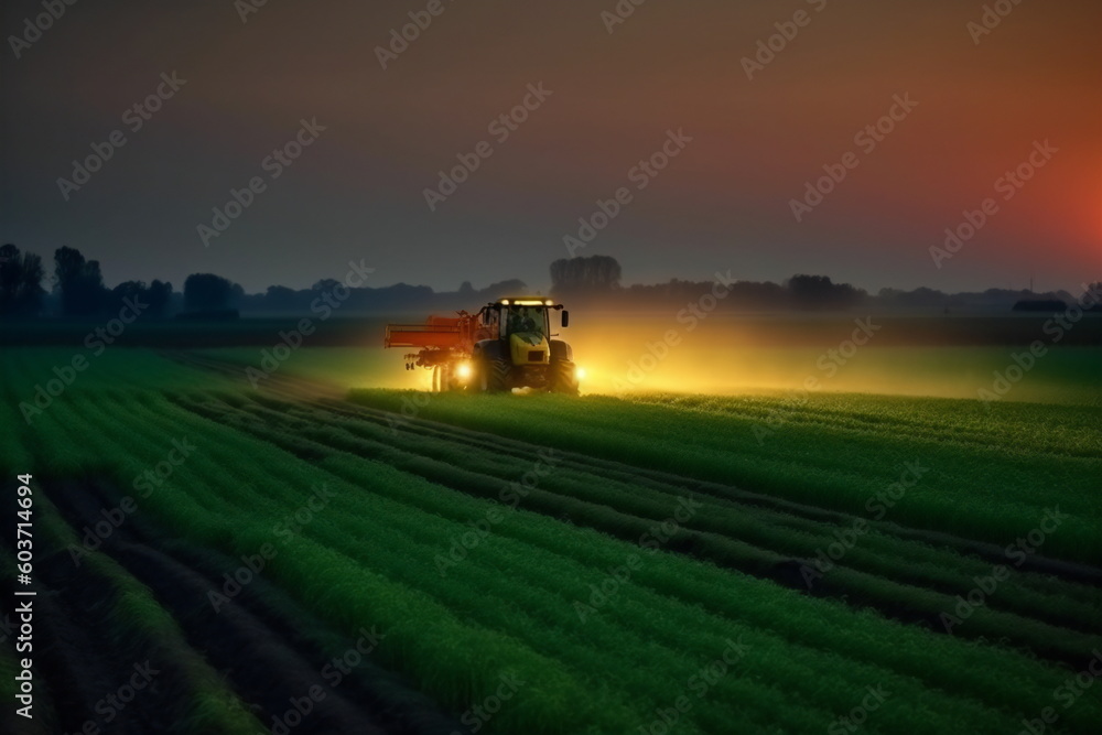 Fototapeta premium Dawn of a New Day: Farmer Tending to a Field with His Tractor in the Early Morning, Generative AI