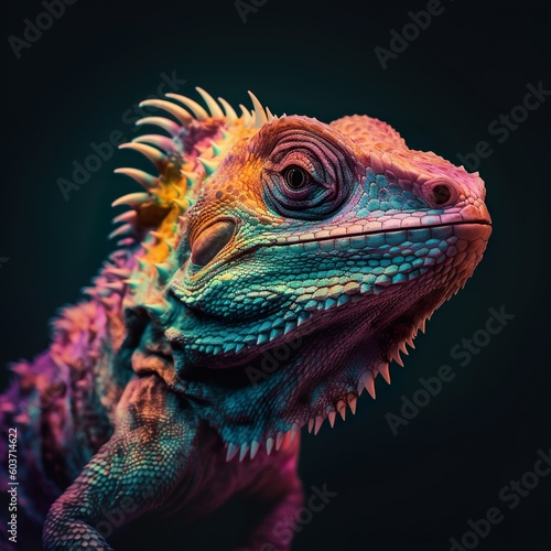 Generative AI psychedelic colourful bearded dragon lizard