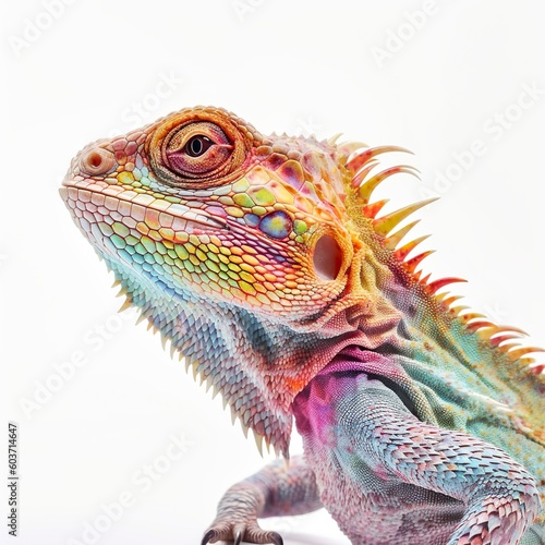 Generative AI psychedelic colourful bearded dragon lizard, white background