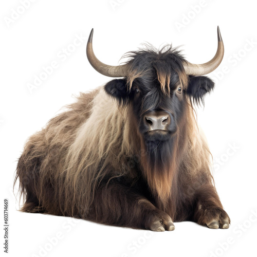 animal yak sitting isolated on a transparent background, Generative ai 