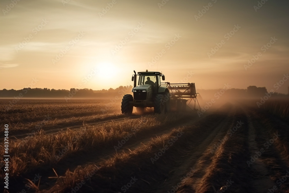 Fototapeta premium Dawn of a New Day: Farmer Tending to a Field with His Tractor in the Early Morning, Generative AI