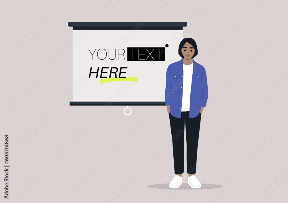 A young character standing next to a video projector screen, copy space, your text here A young character standing next to a video projector screen, copy space, your text here