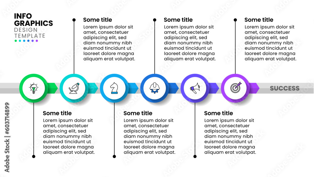 Infographic template. Timeline with 6 steps, arrows and icons Infographic template. Timeline with 6 steps, arrows and icons