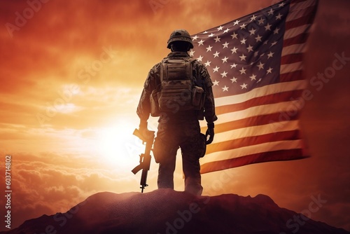 Soldier and USA flag, Independence Day, 4th July banner, Generative Ai