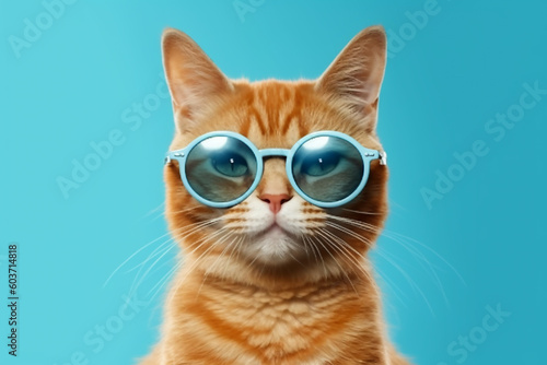 Portrait of a cute ginger cat in sunglasses on a blue background. Summer holiday concept, sale of sunglasses. Template for an advertising banner. Generated by AI