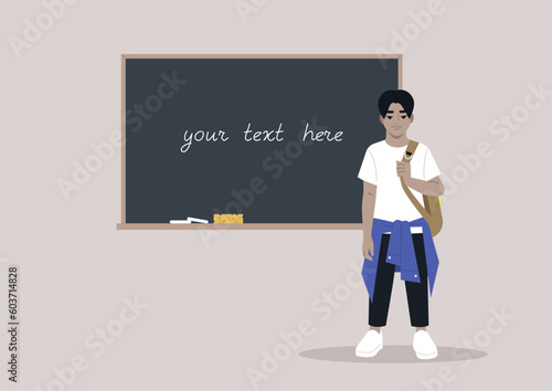 A full body portrait of a school kid carrying a backpack on one strap, a chalkboard with a copy space on the background