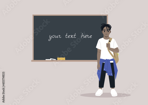 A full body portrait of a school kid carrying a backpack on one strap, a chalkboard with a copy space on the background