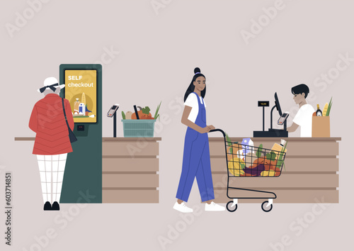 Supermarket checkout options, a cash register and a self-service terminal