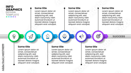 Infographic template. Timeline with 6 steps, arrows and icons