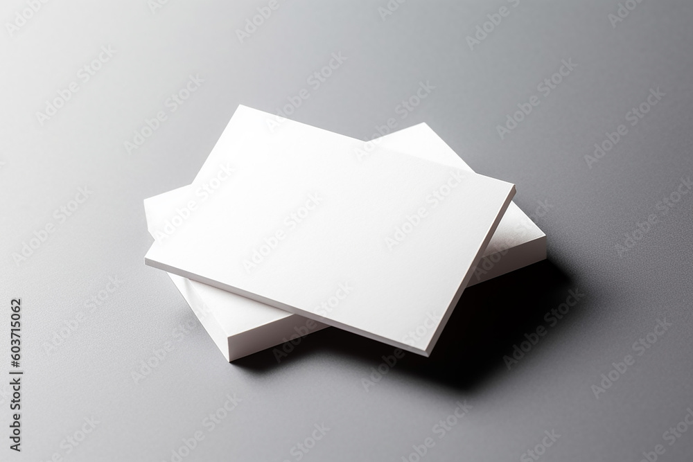 Business cards mockup. White, blank paper cards stack, grey moody background. Generative AI Business cards mockup. White, blank paper cards stack, grey moody background. Generative AI