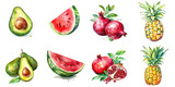 Set of watercolor pomegranate, avocado, watermelon, pineapple isolated on white background. Clipping path. Generative AI
