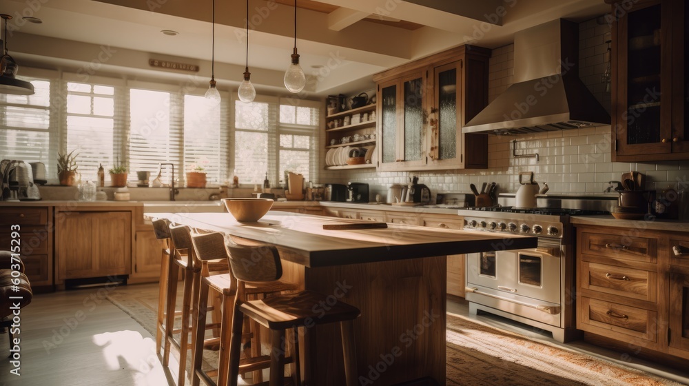 home interior design concept pantry kitchen in golden hour sunset interior,image ai generate