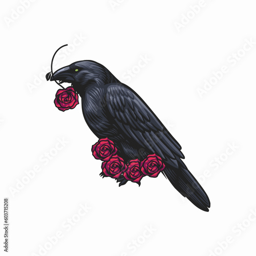 crow holding a roses with his beak, tattoo design ideas