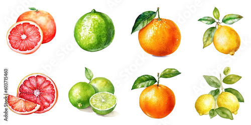 Set of watercolor citrus fruits isolated on white background: grapefruit, lemon, orange, lime. Clipping path. Generative AI 