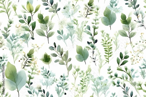Vibrant watercolor seamless floral pattern with eucalyptus leaves in trendy lime green. Perfect for designs: wallpapers, textile. Generative Ai.