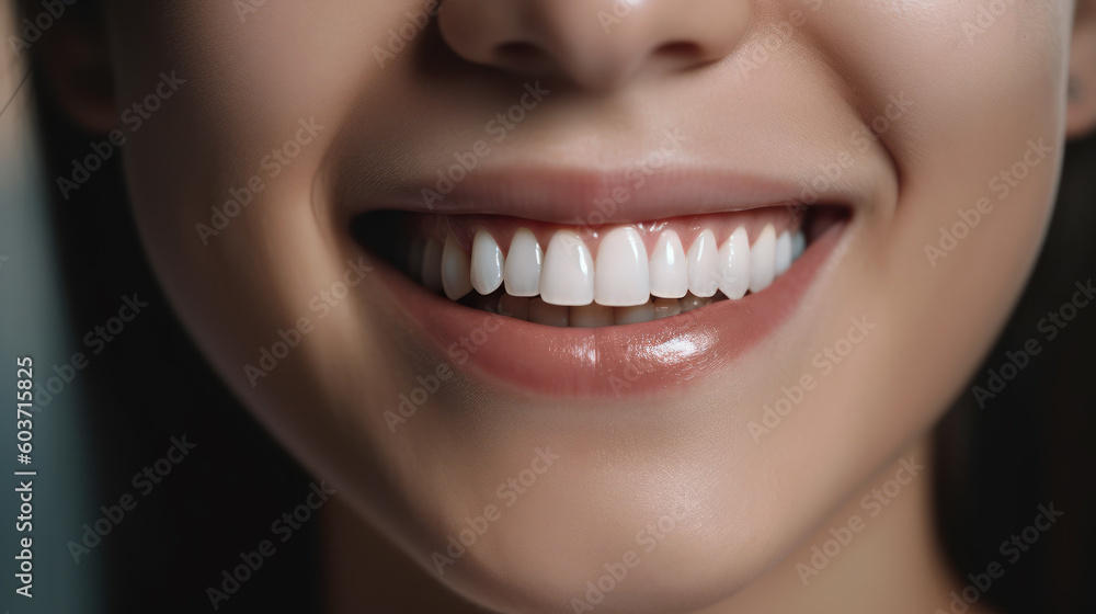 Snow-white smile, healthy teeth. Female smile after teeth whitening procedure. Portrait of young European smiling woman looking away against dark background. Problems of dentistry. Generated by AI Snow-white smile, healthy teeth. Female smile after teeth whitening procedure. Portrait of young European smiling woman looking away against dark background. Problems of dentistry. Generated by AI