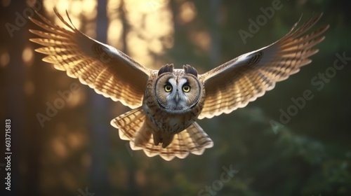 A Great Horned Owl in flight.