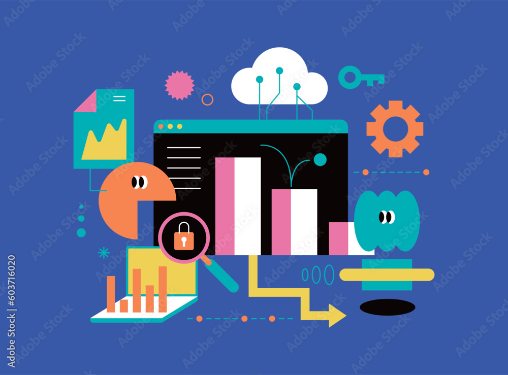 Financial data analysis illustration set. Abstract geometric shapes, cute funny elements compositions in doodle style. Data and finance management concept. Financial data analysis illustration set. Abstract geometric shapes, cute funny elements compositions in doodle style. Data and finance management concept.