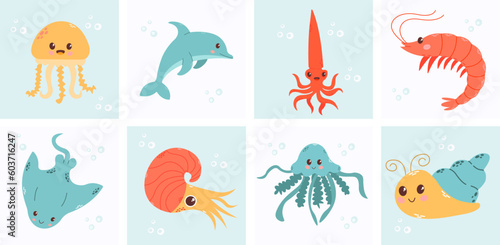 Set with hand drawn sea life elements. Vector doodle cartoon set of marine life objects for your design.  Sea life. Cute whale  squid  octopus  stingray  jellyfish  fish  crab  seahorse. 
