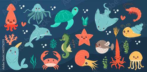 Set with hand drawn sea life elements. Vector doodle cartoon set of marine life objects for your design. Sea life. Cute whale, squid, octopus, stingray, jellyfish, fish, crab, seahorse. © Sasha