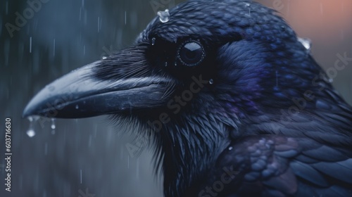 A closeup shot of a raven in the rain.