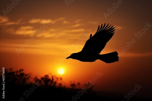 A bird silhouetted at dawn, captured in a stunning photo as it gracefully soars through the sky. Generative AI