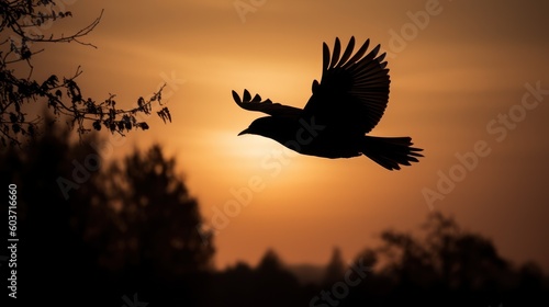 A bird silhouetted at dawn  captured in a stunning photo as it gracefully soars through the sky.  Generative AI