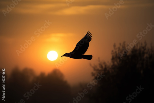 A bird silhouetted at dawn  captured in a stunning photo as it gracefully soars through the sky.  Generative AI