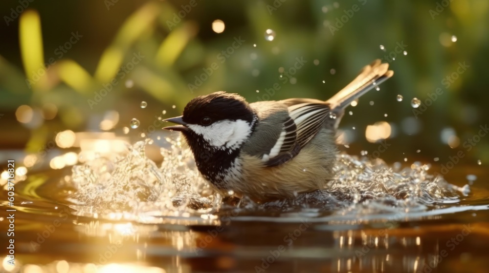 Obraz premium A Black-Capped Chickadee bird taking a bath in a puddle.