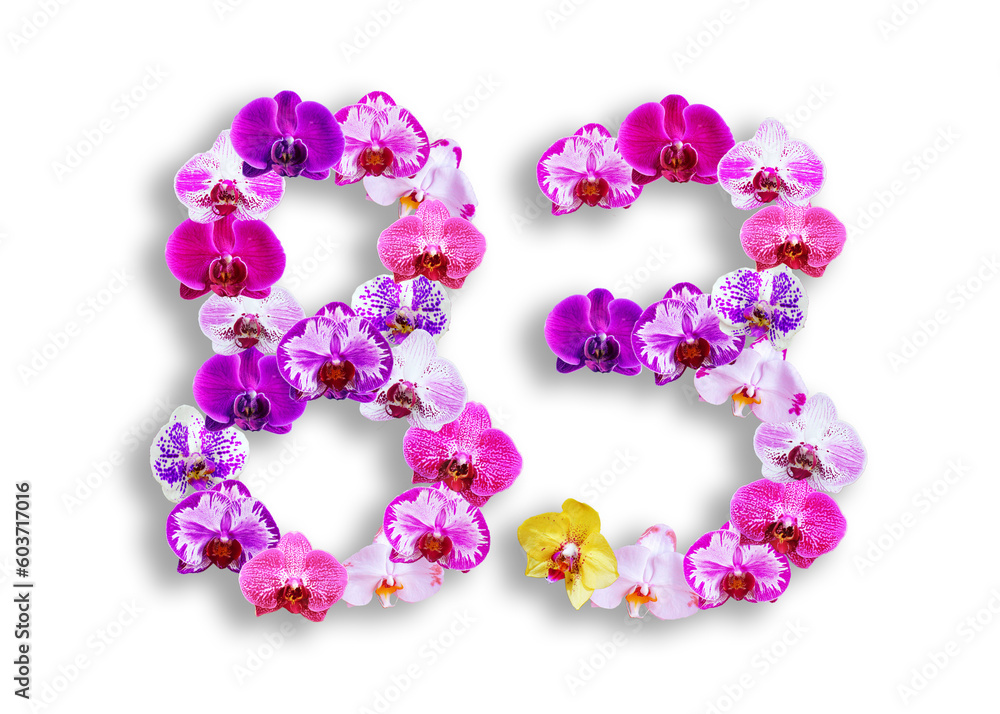 The shape of the number 83 is made of various kinds of orchid flowers. suitable for birthday, anniversary and memorial day templates