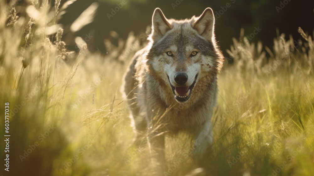 A wolf walking through the tall grass.