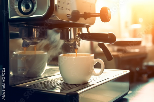 Espresso coffee machine in action at a coffee shop.  photo