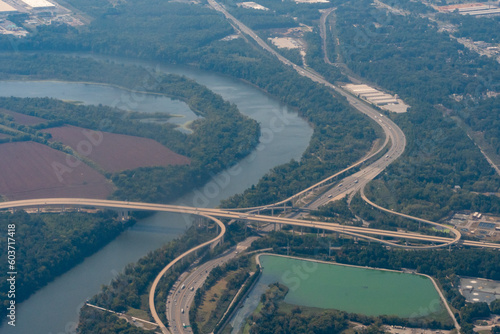 Bild auf Leinwand 9/22/22:  Richmond, Virginia, USA - Aerial view of the James River, I-95 and the Vietnam Veterans Memorial Bridge on Pocahontas Parkway I-895 in Chesterfield County south of Richmond