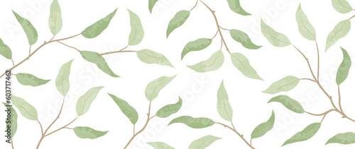 Botanical leaf wallpaper, Luxury nature leaf design, Green lines of leaves and branches, Hand drawn with watercolor texture for fabric, print, cover, banner and invitation, Vector illustration.
