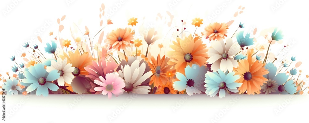 Panoramic colorful flowers floral background banner composition Generative AI 