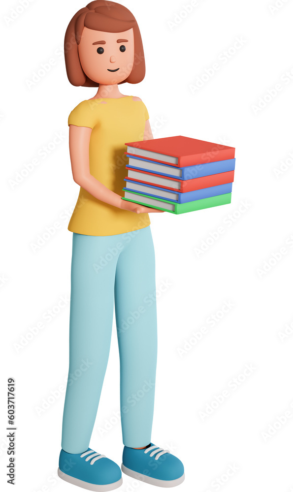 Woman holding stack of books in her hand 3d illustration. Adult girl carry stack of books Woman holding stack of books in her hand 3d illustration. Adult girl carry stack of books