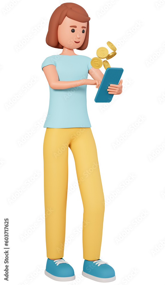 Young woman using cellphone and money golden coins coming out of the phone 3d illustration. Online money earning concept with girl hold mobile phone and money coins Young woman using cellphone and money golden coins coming out of the phone 3d illustration. Online money earning concept with girl hold mobile phone and money coins